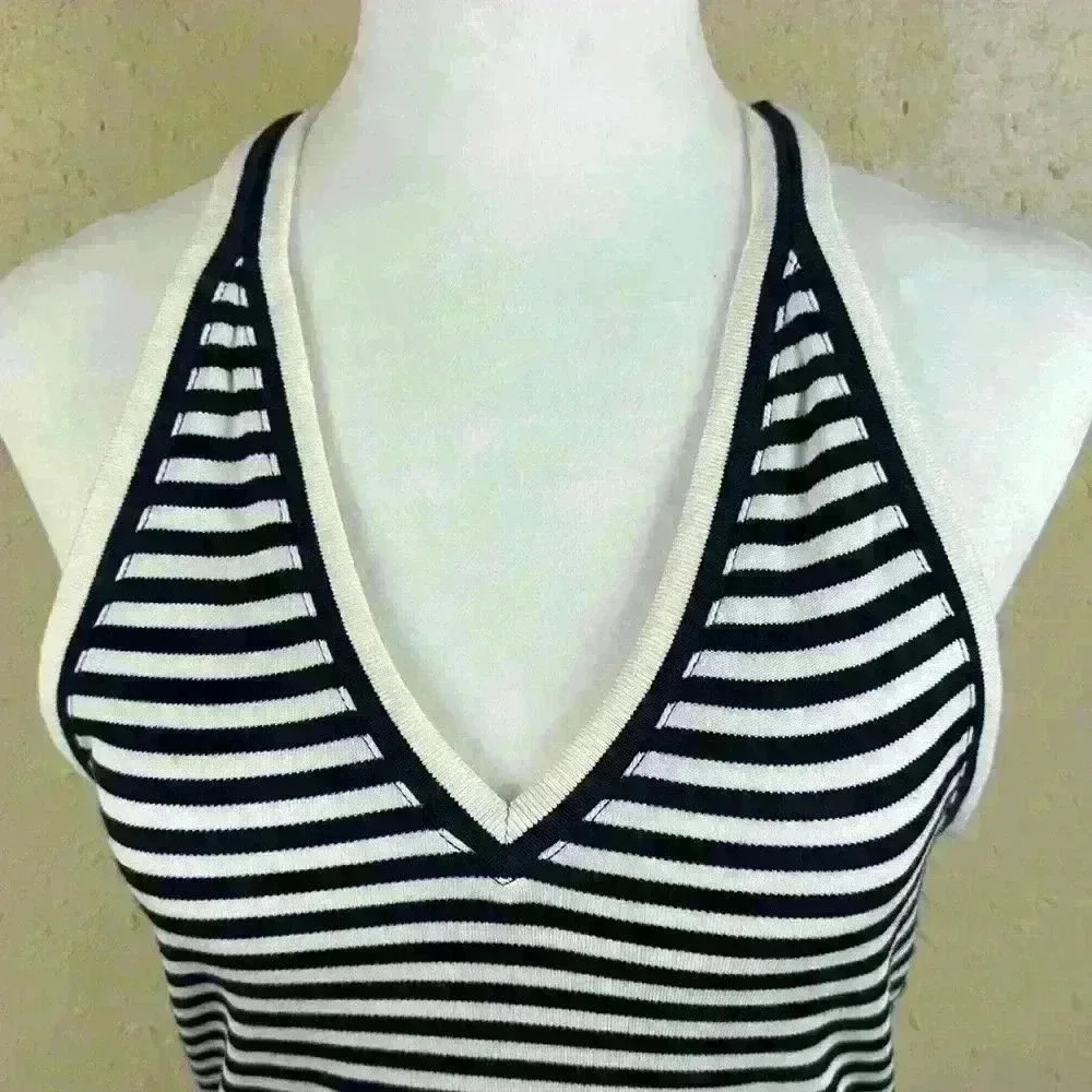 Anthropologie Maeve Knit V-Neck Racerback Striped Navy Tank Top Size small - Picture 4 of 8
